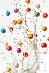 colorful cereal balls flying with milk splash in the air, isolated on white background