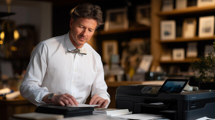 Fototapeta premium An engaging visual setup featuring a technician demonstrating proper cartridge installation in a multifunction printer, showcasing practical knowledge in maintaining printing devices for optimal