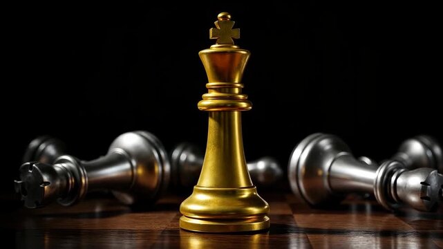 Chess Strategy: A golden chess king stands triumphant amidst fallen silver pieces, a symbol of strategic brilliance and decisive victory. 