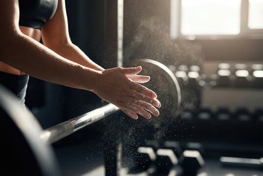 Close-up of a female weightlifter clapping her hands, creating a cloud of chalk powder to improve grip before lifting a heavy barbell.