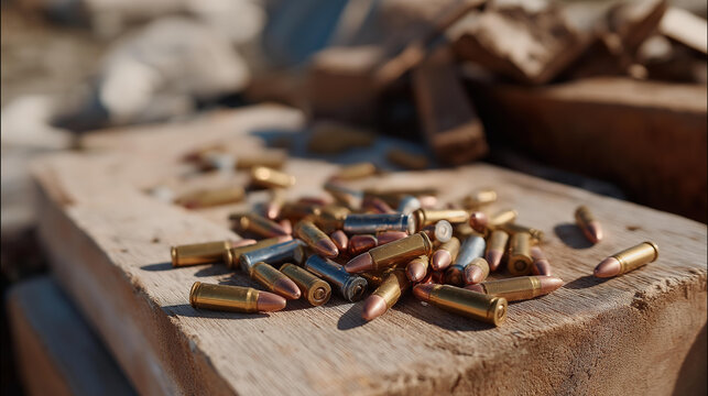 An abandoned shooting range reveals spent cartridges strewn across the ground, serving as a visual commentary on the impacts of shooting sports and environmental management in outdoor recreational