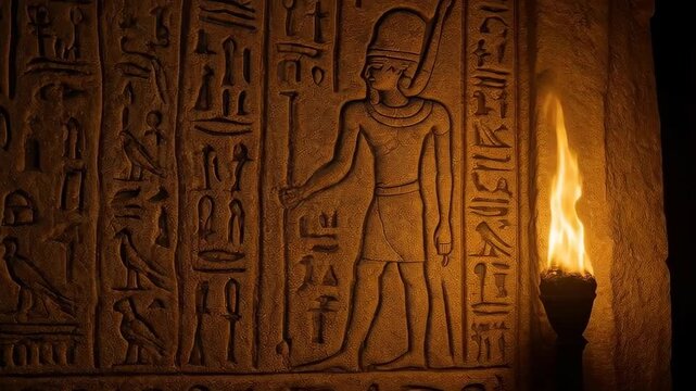 Ancient Egyptian Wall Carving Illuminated: A meticulously carved hieroglyphic wall depicts an ancient pharaoh illuminated by the warm glow of a torch.