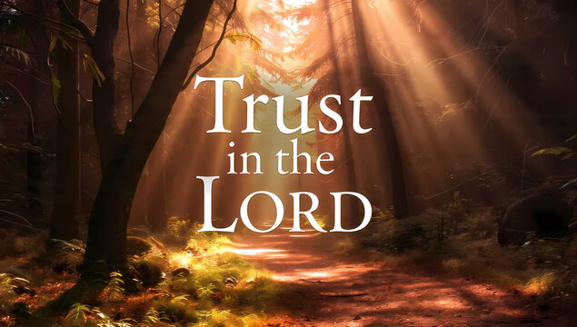 Serene forest path with the words trust in the lord inscribed, perfect for religious designs, inspirational content, or naturethemed projects.