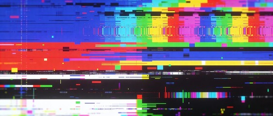 Abstract digital glitch art with vibrant colorful horizontal lines and blocks