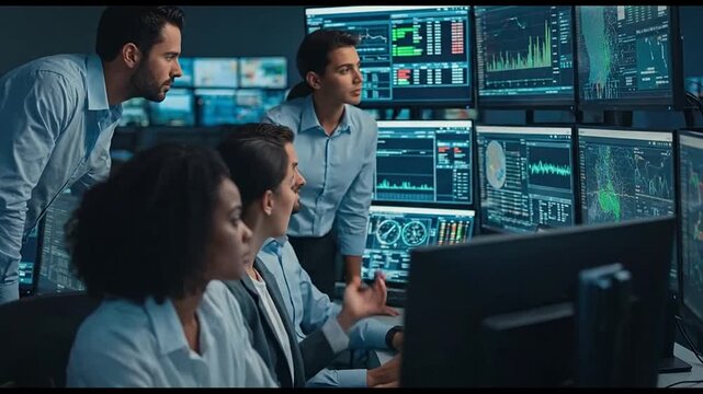 Diverse team analyzing data on multiple screens in control room