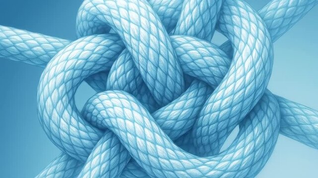 Entwined Connection: A close-up view reveals a complex, yet harmonious, intertwined knot of blue rope, symbolizing interconnectedness, unity, and the intricate bonds that hold things together.