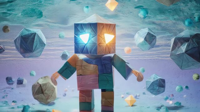 A patchwork humanoid figure with light-filled eyes floats amid floating rocks