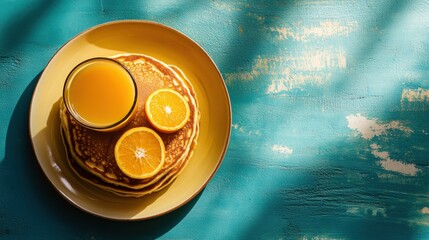 Flat lay breakfast set poster mockup with pancakes and orange juice