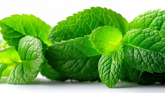 Fresh Mint Leaves: A close-up view of vibrant, fresh mint leaves, showcasing their texture and the essence of natural freshness and culinary delight.