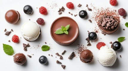 Flat lay dessert set with chocolate cake panna cotta and ice cream on white background