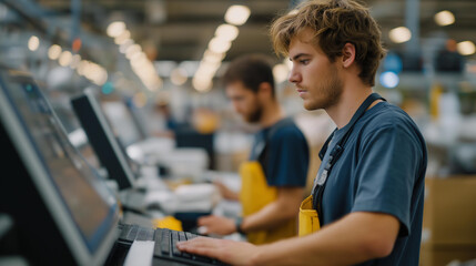 Fototapeta premium The bustling environment of a printer supplies factory reveals workers assembling printer components and quality checking various printer supplies, emphasizing the importance of precision in