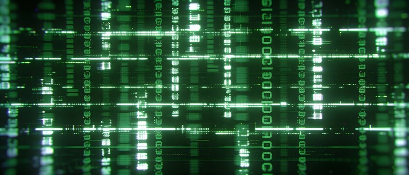 Abstract digital data stream with glowing green binary code and geometric patterns