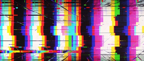 Abstract digital glitch art with vibrant color bars and distorted lines creating a retro aesthetic