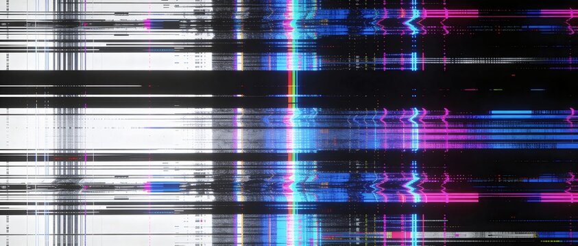 Abstract digital glitch art with vibrant neon colors and horizontal lines