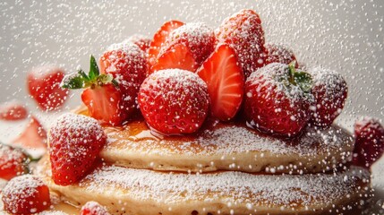 Flat lay fluffy pancakes topped with strawberries powdered sugar and maple syrup on white background