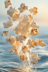 floating buttered popcorn with cinema light effect, isolated on white background