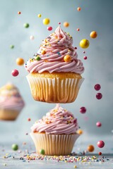 floating cupcakes with colorful frosting and candy sprinkles, isolated on white background