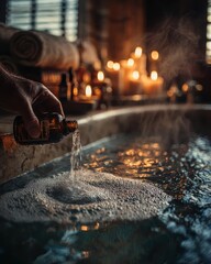 Relaxing digital detox routine bath salts pouring into a warm steaming bathtub cozy atmosphere serene escape