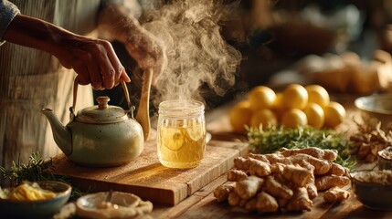 Digital detox herbal tea preparation with ginger and lemon in a cozy kitchen environment for relaxation