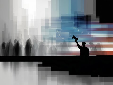 AI-generated llustration of protestors, USA flag colors
