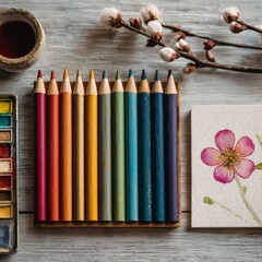 Digital detox routine flat lay of art supplies colored pencils and paper for relaxation and creativity