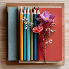 Digital detox routine flat lay of art supplies and flowers home workspace creative environment aesthetic viewpoint for relaxation