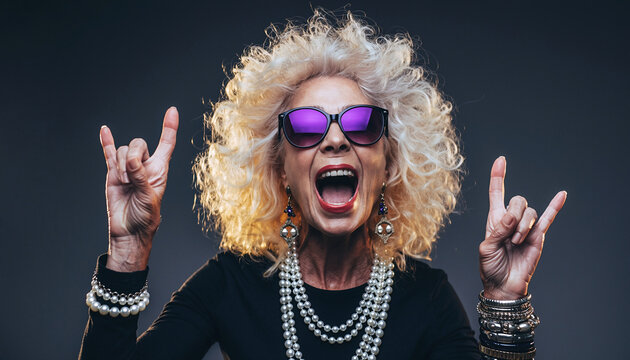 Confident senior woman rock gesture portrait bold aging lifestyle