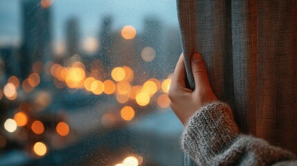 Digital detox routine person closing curtains in urban environment serenity photo for mindfulness and focus