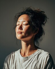 Mindful breathing practice for digital detox indoor space wellness photo calm environment close-up perspective