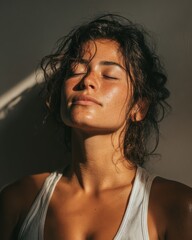 Mindful breathing exercise for digital detox indoor environment lifestyle content focused viewpoint on personal wellness