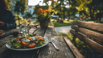 Mindful digital detox meal outdoors on park bench embracing nature's serenity and flavorful freshness