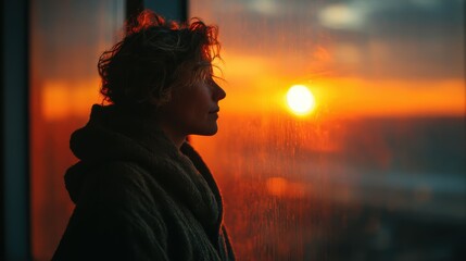 Digital detox routine person watching sunset through large window urban environment reflective mood relaxation concept