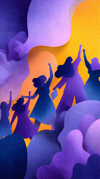 ilustracion de mujeres en un movimiento feminista luchando por sus derechos de igualdad e independencia fondo en colores morados celebrando el dia de la mujer el 8 de marzo 