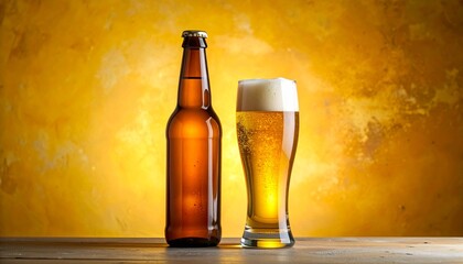 Cold Glass of Foamy Draft Beer and Amber Bottle on a Textured Golden Background