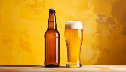 Cold Glass of Foamy Draft Beer and Amber Bottle on a Textured Golden Background