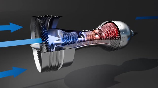 Animazione e sezione motore turbofan, rendering 3d