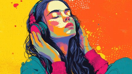 Naklejka premium Young caucasian female enjoying music with headphones in vibrant abstract art.
