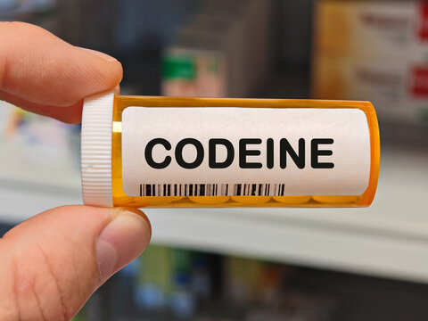Box of CODEINE tablets on a hospital pharmacy table used to treat pain and cough an opioid analgesic.