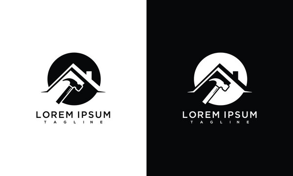 House Construction Logo Hammer Roof Home Building Icon.