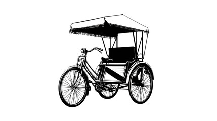 A black and white illustration of a cycle rickshaw against a white backdrop