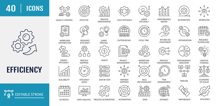 Efficiency line icon set. Includes productivity, optimization, resource utilization, effectiveness, streamlining, lean processes and more. Vector Illustration with editable strokes