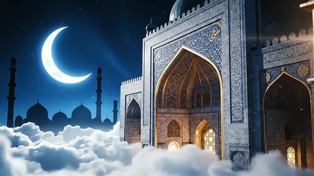 Ultra cinematic Ramadan night scene featuring a floating Islamic gate, glowing lantern, and soft clouds. Premium fantasy background with blue sky