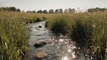 Obraz premium Serene Stream Flowing Through Lush Green Meadow Under Sunny Skies.
