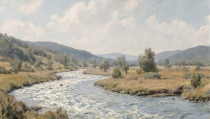 Scenic River Winding Through Rolling Hills Under a Cloudy Sky.