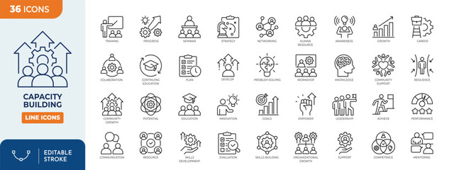 Capacity building line editable icon set. Contain icons related to training, skill, knowledge, growth, seminar, networking, leadership, and more. Editable stroke. Vector illustration