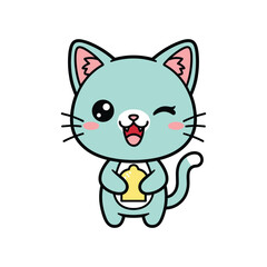 Cute turquoise cartoon cat smiling holding gold coin isolated on white background
