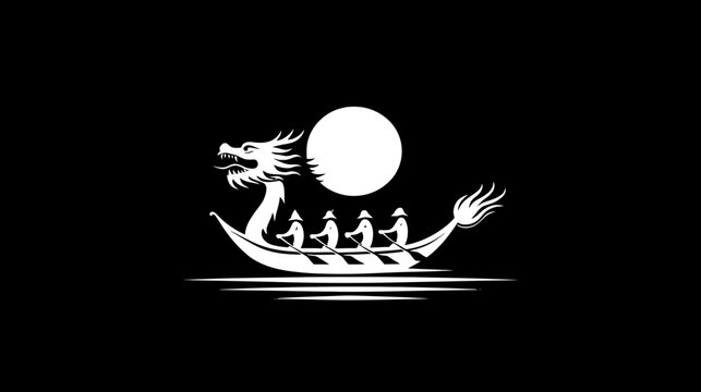 A white dragon boat with rowers, a bright moon, and simple water lines, on a black background