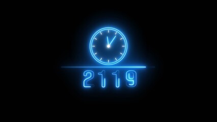 Blue neon clock icon illustration.  Neon light clock timer. Neon 2119 calendar clock. 