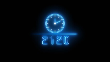 Blue neon clock icon illustration.  Neon light clock timer. Neon 2120 calendar clock. 