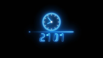Blue neon clock icon illustration.  Neon light clock timer. Neon 2101 calendar clock. 